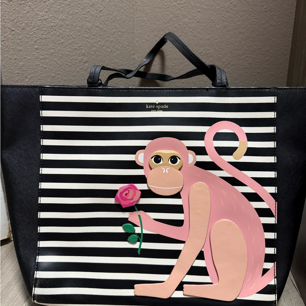 Kate Spade Black and White Tote with Pink Monkey